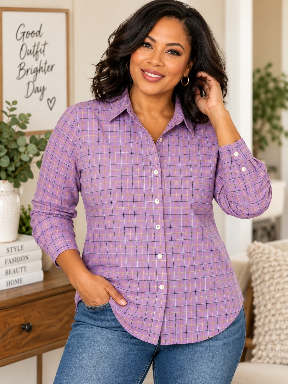 Pendleton Purple Plaid 100% Cotton Button Down Shirt Petite M